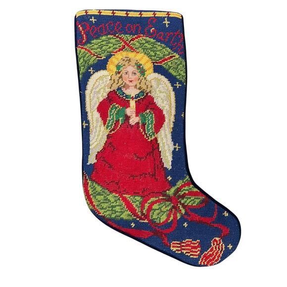 Vintage Wool Needlepoint Christmas Stocking Velvet Back Angel Peace Holiday - Picture 1 of 7